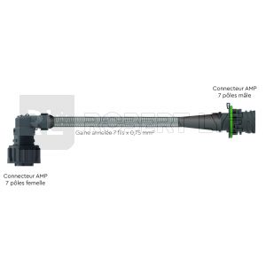 Prolongateur gaine annelée connecteur 7 voies femelle coudé / mâle droit pour rallongement de châssis